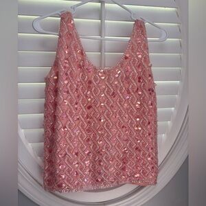 MCM Beaded Sequin Tank Top 50s 60s Pink Zip Back/ hand trimmed wool size medium